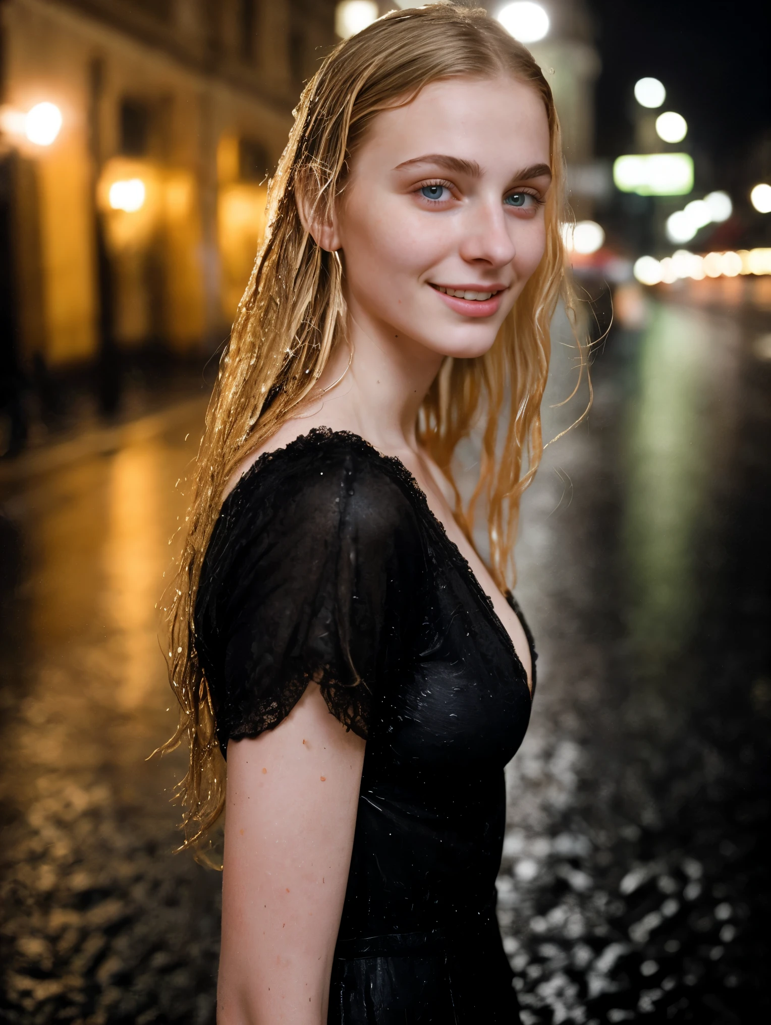 A highly detailed and realistic image with natural lighting and black color scheme, featuring an artistic portrait with a focus on face and a complex composition. photo of a 19-year-old French-Russian girl,pale skin, beautiful face with youthful and elegant appearance, long blonde hair, slight smile with playful attitude, medium breast. she wears only a wet deep neckline dress. she is soak wet while walking at a rainy streetside. harmonious interplay of light and shadow, darken and stormy atmospheric at a night scenario,