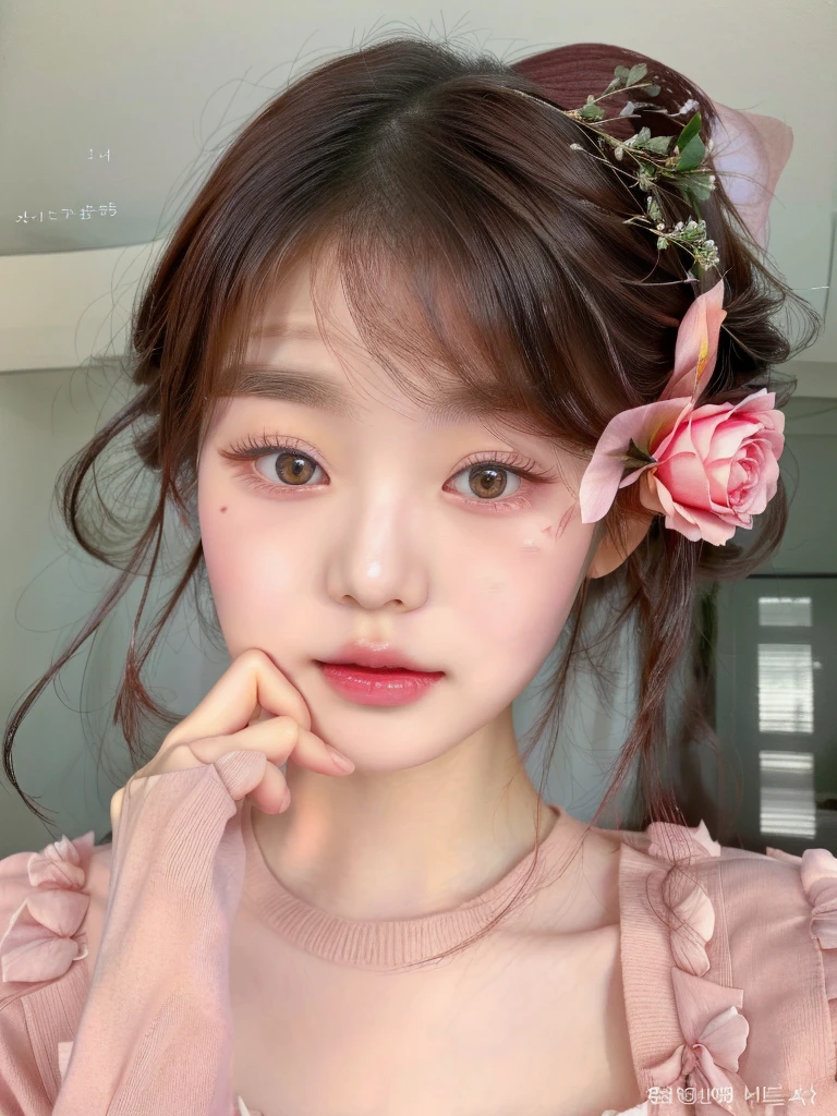 puffy asian woman with a rose flower in her hair, popular south Korean makeup, popular korean makeup, ulzzang, cute natural anime face, kawaii realistic portrait, beautiful face of japanese girls, Soft makeup, young lovely korean face, Sakimichan, cute face girl, beautiful aesthetic face, cute kawaii girl, lindo rosto delicado