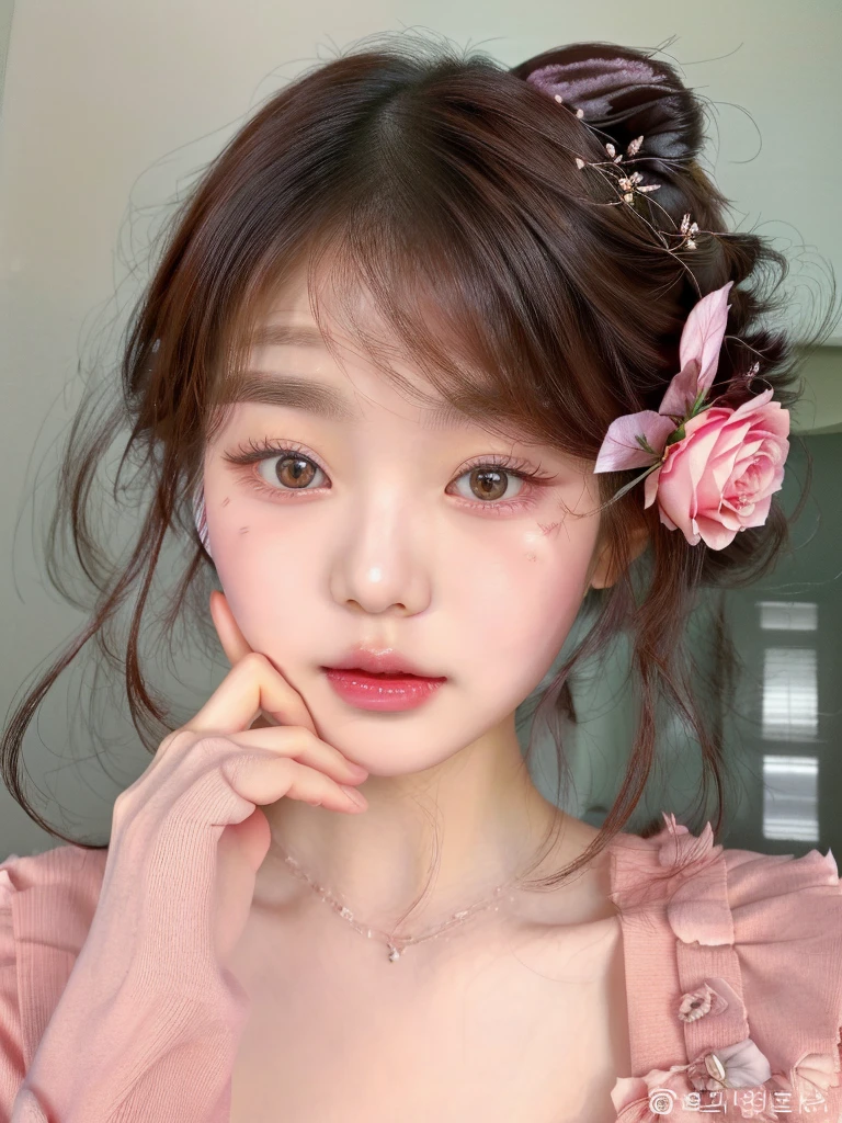 puffy asian woman with a rose flower in her hair, popular south Korean makeup, popular korean makeup, ulzzang, cute natural anime face, kawaii realistic portrait, beautiful face of japanese girls, Soft makeup, young lovely korean face, Sakimichan, cute face girl, beautiful aesthetic face, cute kawaii girl, lindo rosto delicado