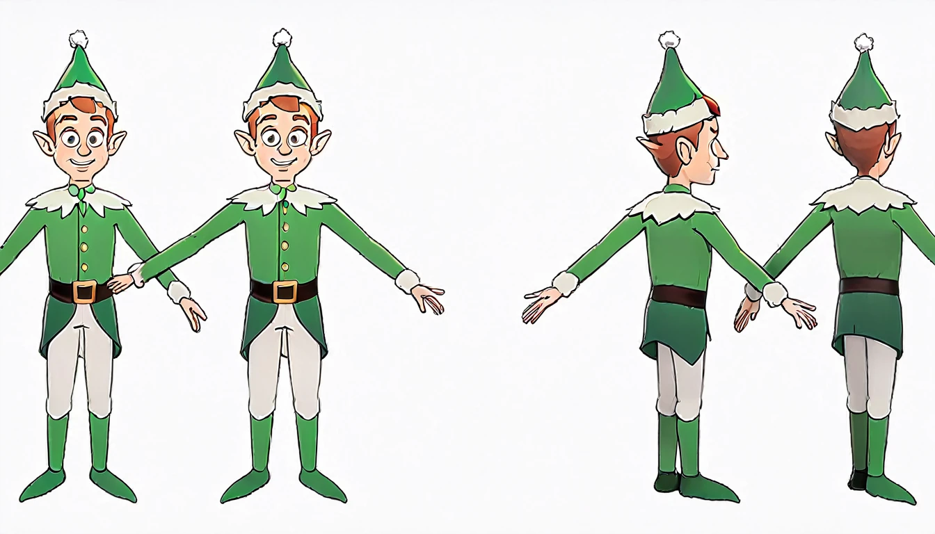 1 male Christmas elf,T pose,T-Pose,frond an side, multiple views, front and side beautiful, masterpiece, best quality, perfect lighting,8k,simple white background ,SFW.