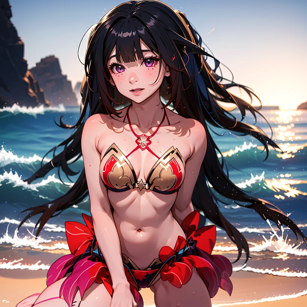 a beautiful girl in a bikini on the beach, sparkling star rail character, hyper-detailed, extremely realistic, photorealistic, cinematic lighting, 8k, high quality, high resolution, masterpiece, intricate details, superb art, vibrant colors, glowing skin, wet hair, ocean waves in background, golden hour lighting, dynamic composition