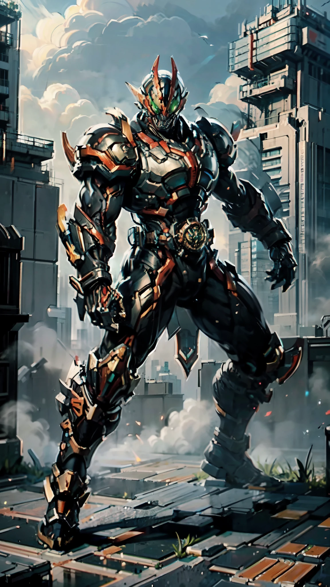 (masterpiece:1.5, best quality:1.5, extremely delicate:1.5, perspective:1.5, foreshortening:1.5, dynamic angle:1.5), a man wearing a full-face helmet, a fantasy-style biotech armored combat suit, green eyes, (a composite layered chest armor), fully enclosed shoulder guards, matching arm and leg guards, the belt is adorned with fangs biting into orbs, (the color scheme is primarily black with red accents), the design balances heavy with agility, a high-tech bio-mecha armor, (Armor Concept Inspired by Bat, stand on the top of a skyscraper in a futuristic sci-fi city), this character embodies a finely crafted fantasy-surreal style armored hero in anime style, exquisite and mature manga art style, (element, plasma, energy, the armor glows), ((male:1.5)), metallic, high definition, highres, ultra-detailed, ultra-fine painting, professional, perfect body proportions, golden ratio, anatomically correct, symmetrical face, extremely detailed eyes and face, high quality eyes, creativity, RAW photo, UHD, 32k, Natural light, cinematic lighting, masterpiece-anatomy-perfect