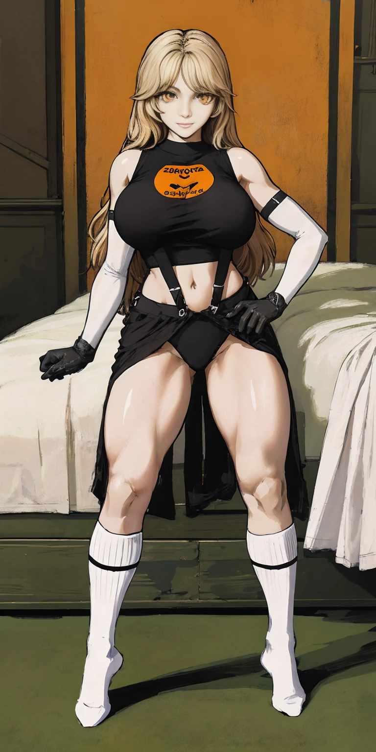 Female funger lying in bed, full body, standing, straight, symmetrical, looking at the viewer, very detailed illustration, 1solitaria, big breasts, high resolution, high quality, Masterpiece, looking at the viewer (female knight) orange long hair, absurdities, ultra detailed, (8k, Best Quality, Masterpiece:1.2) (realist, fotorrealista:1.37) (whole body) legs apart (wide stance) standing in front, ultra detailed, 1 girl,beautiful, alone (feminine works) (big breasts:1.5) (Beautiful detailed eyes) (SMILE:1.2) (Closed mouth), sharp focus, depth of field, Good composition, very long straight hair, hair explosion ((Orange_eyes)) intricate, bokeh (Tetsuya Nomura style) perfect breasts, White tank top, black thong, suspenders, gloves, socks, Toned body, athletic, Wide hips, thin waist, toned arms, exposed abdomen