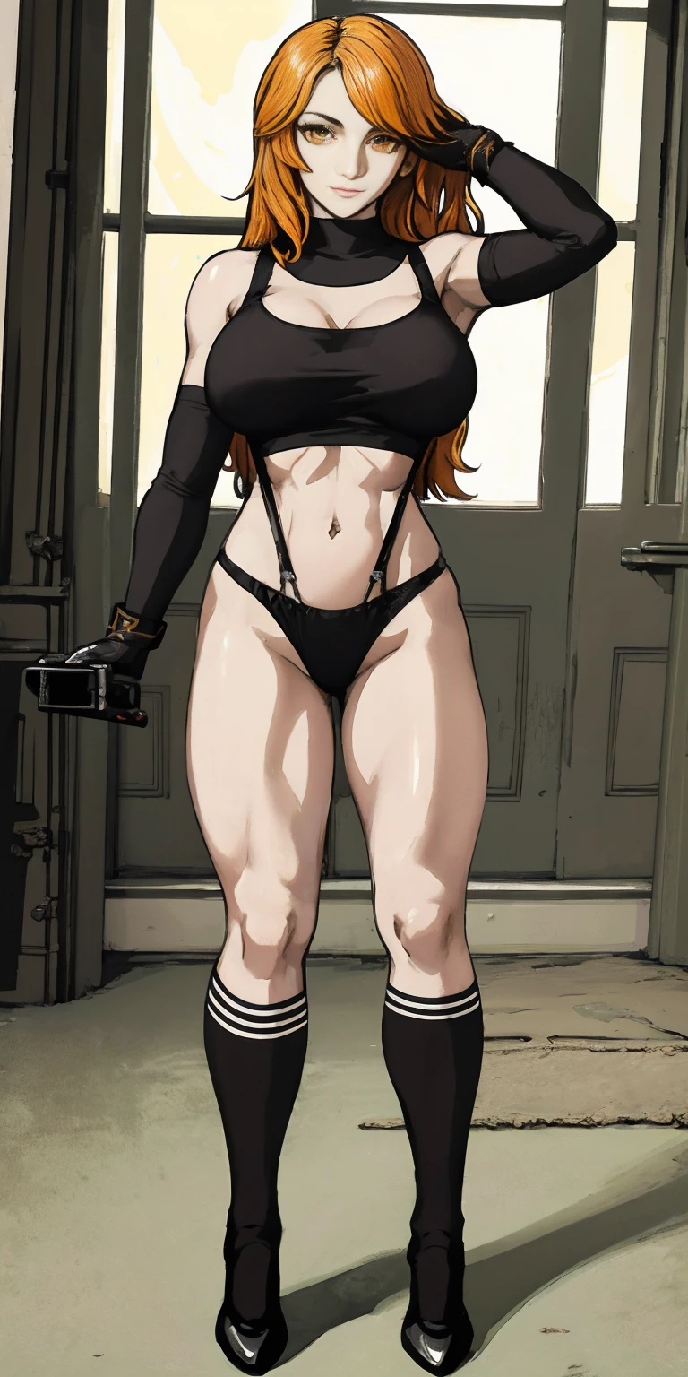 Female funger lying in bed, full body, standing, straight, symmetrical, looking at the viewer, very detailed illustration, 1solitaria, big breasts, high resolution, high quality, Masterpiece, looking at the viewer (female knight) orange long hair, absurdities, ultra detailed, (8k, Best Quality, Masterpiece:1.2) (realist, fotorrealista:1.37) (whole body) legs apart (wide stance) standing in front, ultra detailed, 1 girl,beautiful, alone (feminine works) (big breasts:1.5) (Beautiful detailed eyes) (SMILE:1.2) (Closed mouth), sharp focus, depth of field, Good composition, very long straight hair, hair explosion ((Orange_eyes)) intricate, bokeh (Tetsuya Nomura style) perfect breasts, White tank top, black thong, suspenders, gloves, socks, Toned body, athletic, Wide hips, thin waist, toned arms, exposed abdomen