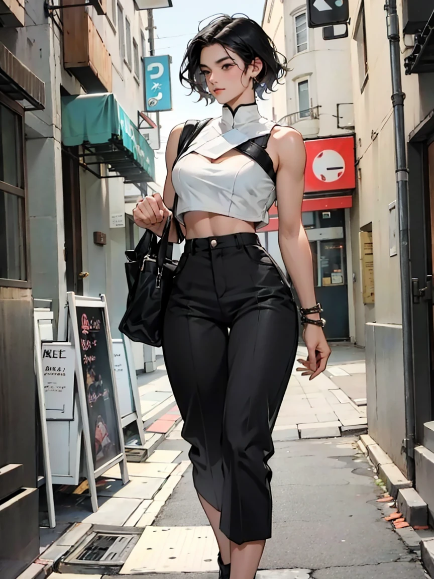 Beautiful man short black hair defined body big breasts, wearing croptop, walking on the street