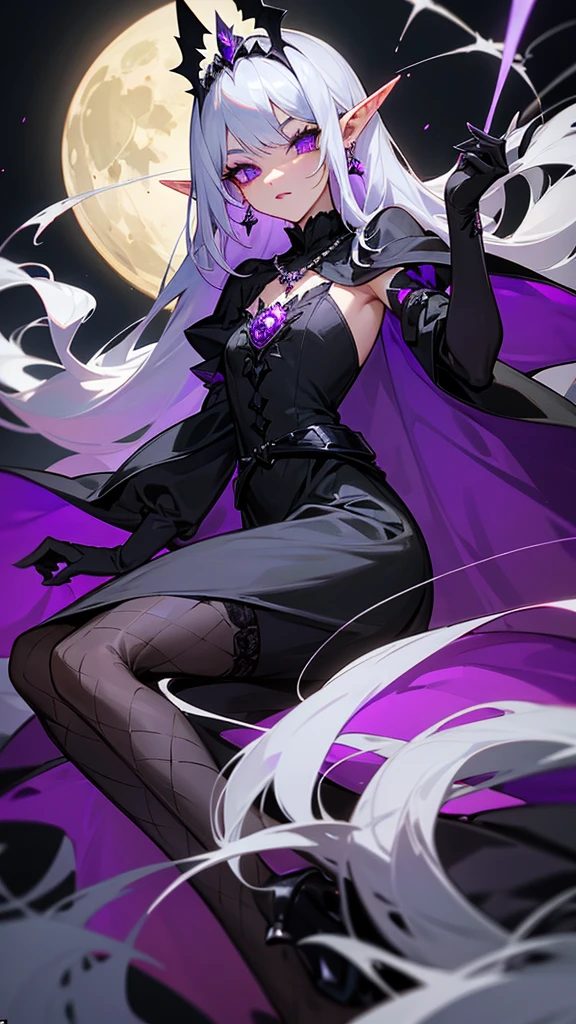Skinned: Alabaster color with a slight bluish glow, giving a ghostly appearance.
hairs: longos e ondulados, in a shade of black with silver highlights. The hair is usually styled with a half-moon-shaped silver tiara..
eyeballs: big and bright, an intense purple tone, with cat-like slit pupils.
make-up: Intense black eyeliner, purple eyeshadow and dark red lipstick. Small silver crystals decorate the corners of the eyes.
ears: pointed, reminiscent of an elf, with long star-shaped earrings.
ful dressed: A black velvet dress, with a fitted bodice decorated with silver cobweb patterns. The skirt is voluminous and ends in irregular ends., with layers of purple and black tulle.
Stockings: Stockings arrastão roxas que vão até a metade da coxa.
shoes: Black high-heeled boots with silver buckles and bat-shaped details on the sides.
Accessories:A long black silk cape with a purple interior, secured by a moon-shaped brooch.Black lace gloves that go up to the elbow.A necklace with a heart-shaped amethyst pendant.