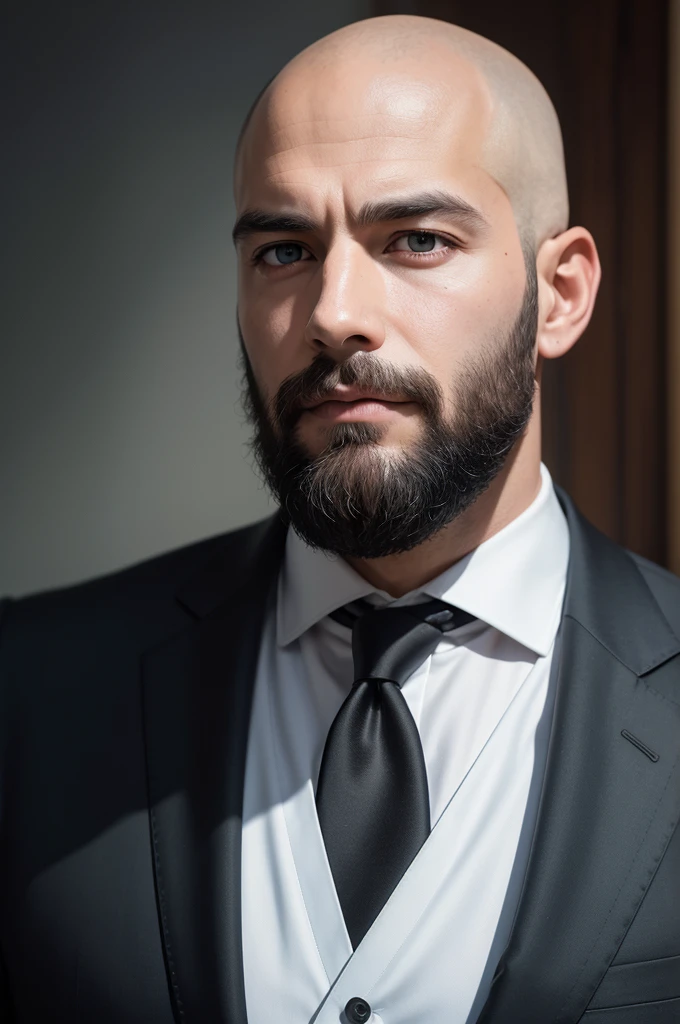 man in suit, a little bearded, Wear a black suit, Cool template, Show your face, Photo de profil proffesionalle, Business burnout, office clothes, high resolution, Masterpiece artwork, best qualityer, high and intricate details, highy detailed, sharp focus, texture, detailedeyes, proffesional, 4K, Canon shooting, 85mm, Shallow depth of field, Kodak Color Vision, perfect shape body, extremely detaild, photoshot_\(ultra\), photoshot realist, after treatment, maximum details, roughness, real-life, ultra realist, Rendering, photoshotgraphie, 8k hd, photoshotgraphie (Film grain) baldie (without any hair)