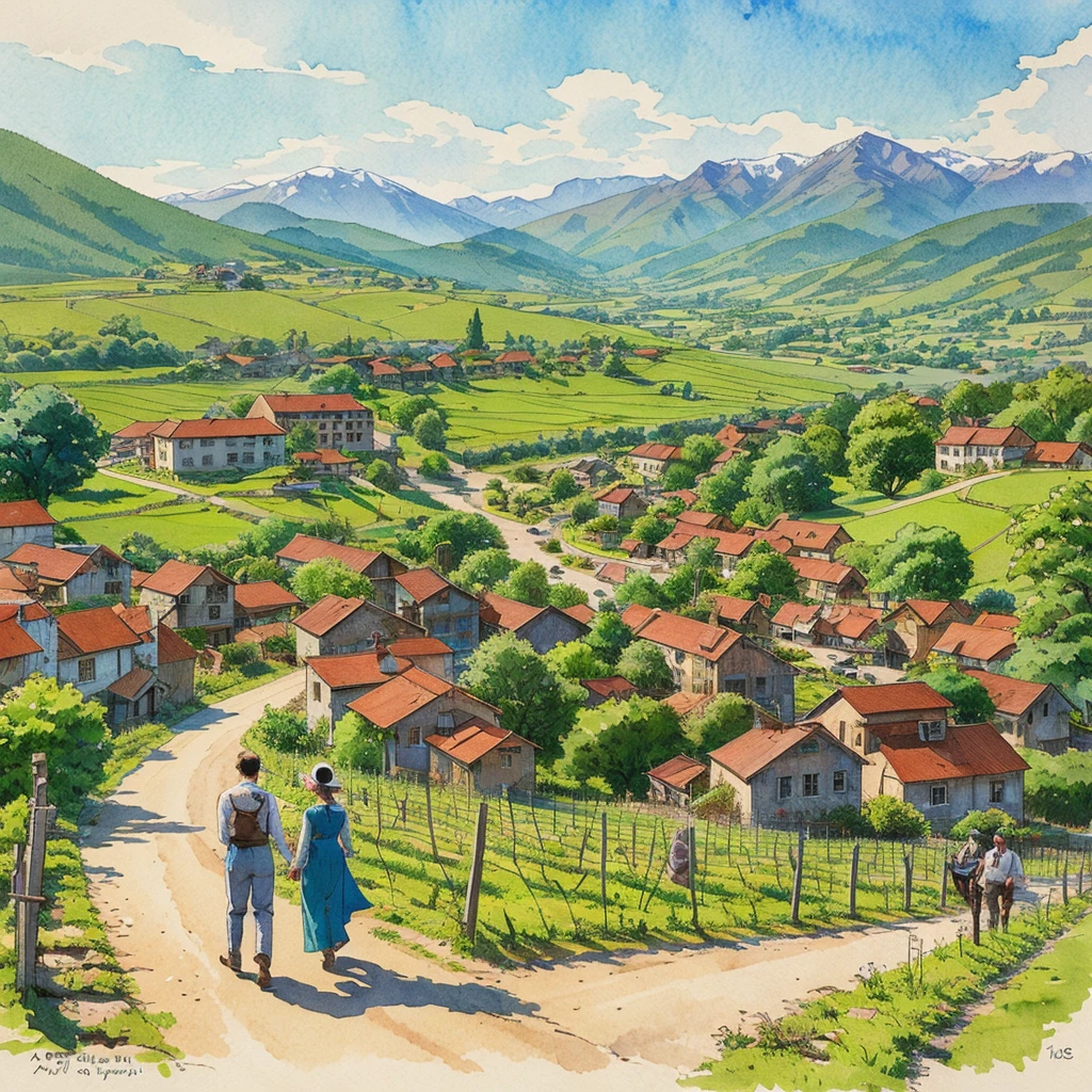 watercolor drawing in Retro-Look, a transilvanian village in the valley, full body view, rural saxones man and woman work in Vineyard on hill, Andrew Loomis style, Masterpiece work of art, highly detailed linework reminiscent of Carne Griffiths, imbued with Wadim Kashim's bold color and texture, light and airy as Carl Larsson's compositions, featuring Pascal Blanche-style hyper-realistic characte