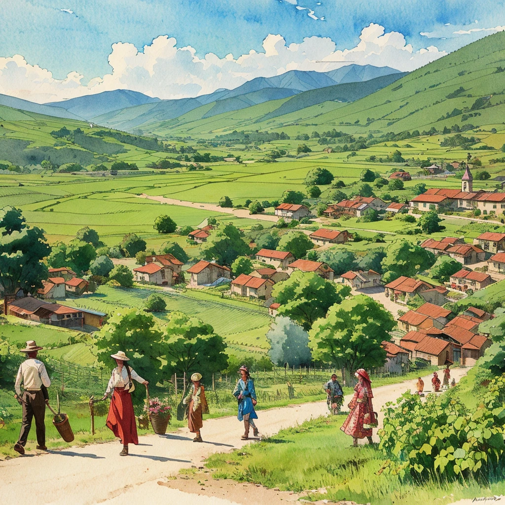 watercolor drawing in Retro-Look, a transilvanian village in the valley, full body view, rural saxones man and woman work in Vineyard on hill, Andrew Loomis style, Masterpiece work of art, highly detailed linework reminiscent of Carne Griffiths, imbued with Wadim Kashim's bold color and texture, light and airy as Carl Larsson's compositions, featuring Pascal Blanche-style hyper-realistic characte