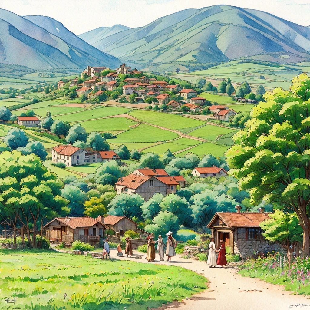 watercolor drawing in Retro-Look, a transilvanian village in the valley, full body view, rural saxones man and woman work in Vineyard on hill, Andrew Loomis style, Masterpiece work of art, highly detailed linework reminiscent of Carne Griffiths, imbued with Wadim Kashim's bold color and texture, light and airy as Carl Larsson's compositions, featuring Pascal Blanche-style hyper-realistic characte