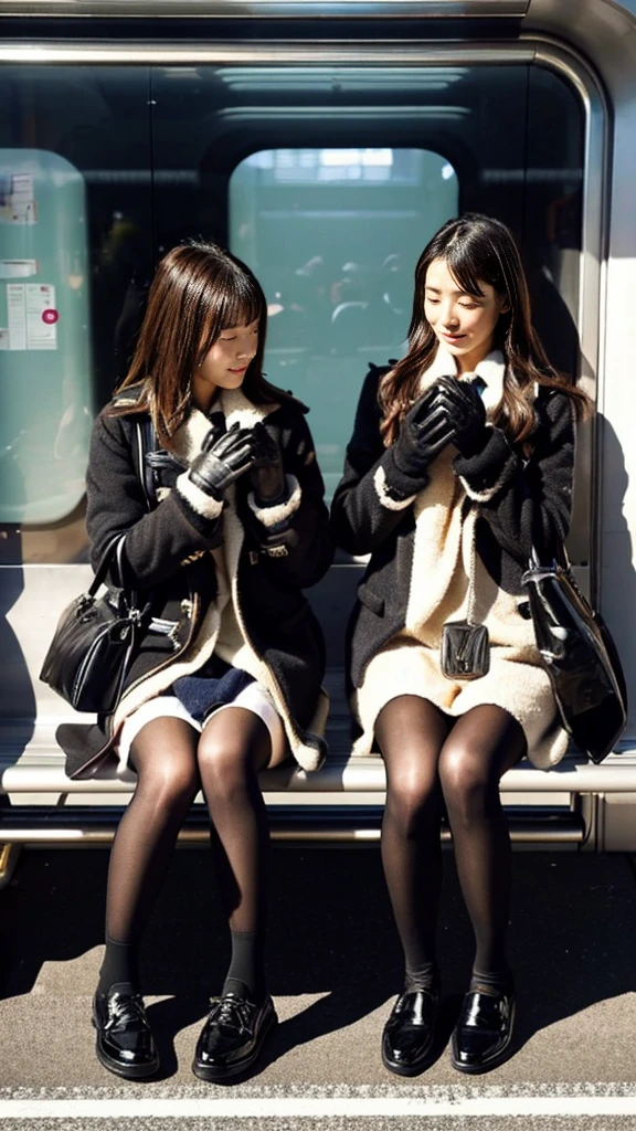 Photo of two Japanese high school girls wearing duffle coats with leather shoes and shiny black leather gloves, Profile of a woman with her legs crossed at the entrance to the subway. This photo was taken in daylight with soft lighting..、The girls are sitting on the ground.。. This photo was taken by someone on their cell phone..、Apparently it was posted on Snapchat.。. 