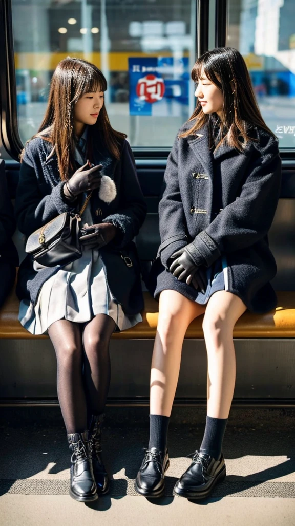 Photo of two Japanese high school girls wearing duffle coats with leather shoes and shiny black leather gloves, Profile of a woman with her legs crossed at the entrance to the subway. This photo was taken in daylight with soft lighting..、The girls are sitting on the ground.。. This photo was taken by someone on their cell phone..、Apparently it was posted on Snapchat.。.