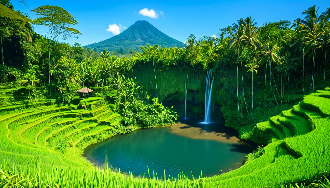 The waterfall flows from small cliffs of Bali into a lake. There is a small hut surrounded by tropical forest plants, volcano in the background and no clouds, vast rice fields full of rice plants, cloudless blue sky, no clouds, vibrant and realistic photography.