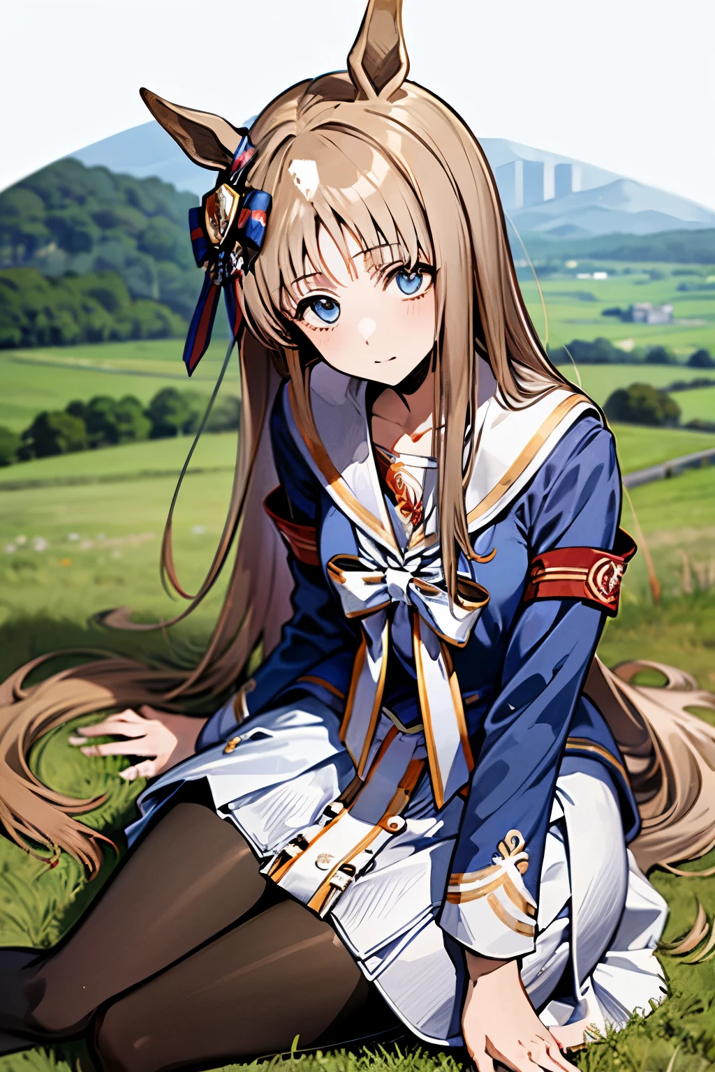 grass wonder \(Umamusume\), 1 girl, Solo, Best Quality, masterpiece, 8K, High resolution, Ultra-detailed, sitting, (((yokozuwari))), Blue jacket, White sailor color, Long sleeves, White skirt, black pantyhose,