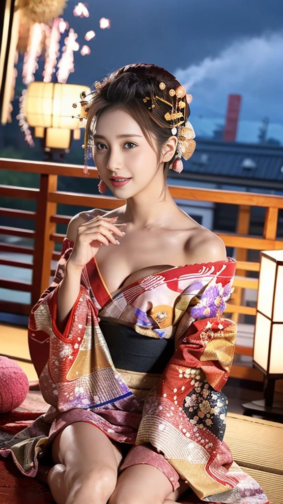 (8K、RAW Photosgraphy、Highest quality、masterpiece:1.2)、(Realistic、Realistic:1.37)、Ultra-high resolution、One Girl、cute、alone、night、Sitting、date、(Nose redness)、(Laughter:1.1)、(Closed)、Huge 、Beautiful Eyes、(short hair:1.2)、(((Fireworks bursting into the sky、night)))、(((kimono、yukata)))、Cleavage、Perfect body、Perfect Fingers、Professional Lighting、Japanese Goddess、gravure、Detailed face and skin texture、fine grain、RAW Photos