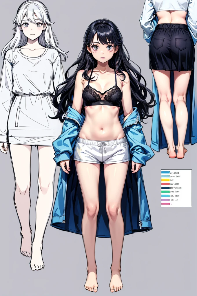 multiple views, pencil sketch, (sketch:1.25),, ((no shoes)), shy, best quality, graphite \\(medium\\), ske, gradient, rainbow, note, Line draft, highres, absurdres, (ultra-detailed:1.1), (illustration:1.1), (infographic:1.2), pajamas, (all clothes configuration:1.15), (solo), perfectly drawn hands, standing, cohesive background, paper, action, (character design:1.1), beltbra, corin, 1girl,