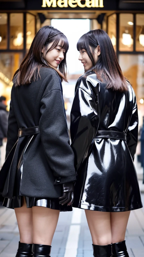 Posted on Snapchat、Two Japanese female students wearing cute pea coats and shiny black leather gloves , Showing off your legs like a cute anime girl, Their backs were photographed passing each other at an outdoor shopping mall.。.