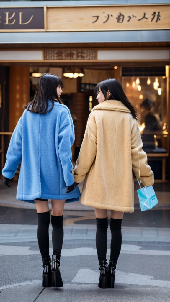 Posted on Snapchat、Two Japanese female students wearing cute pea coats and shiny black leather gloves , Showing off your legs like a cute anime girl, Their backs were photographed passing each other at an outdoor shopping mall.。.