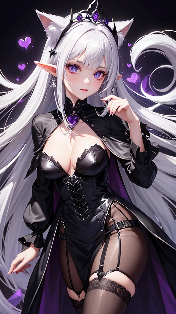 Skinned: Alabaster color with a slight bluish glow, giving a ghostly appearance.
hairs: longos e ondulados, in a shade of black with silver highlights. The hair is usually styled with a half-moon-shaped silver tiara..
eyeballs: big and bright, an intense purple tone, with cat-like slit pupils.
make-up: Intense black eyeliner, purple eyeshadow and dark red lipstick. Small silver crystals decorate the corners of the eyes.
ears: pointed, reminiscent of an elf, with long star-shaped earrings.
ful dressed: A black velvet dress, with a fitted bodice decorated with silver cobweb patterns. The skirt is voluminous and ends in irregular ends., with layers of purple and black tulle.
Stockings: Stockings arrastão roxas que vão até a metade da coxa.
shoes: Black high-heeled boots with silver buckles and bat-shaped details on the sides.
Accessories:A long black silk cape with a purple interior, secured by a moon-shaped brooch.Black lace gloves that go up to the elbow.A necklace with a heart-shaped amethyst pendant.