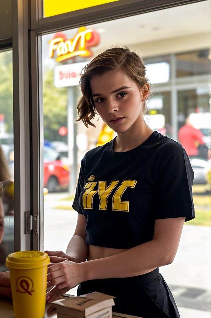 (candid voyeuristic portrait from outside through a drive-through window at a fast food restaurant:1.12) closeup dark (dirty window reflection glare:1.1) of a  (Emma Watson:1.2) model (with long Sandy blonde Slicked-Back Cut Haircut:1.2), (working in the shade behind a window checkout counter:1.1), (wearing a red and yellow store uniform with cropped shirt with a company logo on it:1.2), at night, 