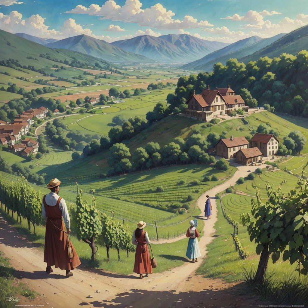watercolor drawing in Retro-Look, a transilvanian village in the valley, full body view, rural saxones man and woman work in Vineyard on hill, Andrew Loomis style, Masterpiece work of art, highly detailed linework reminiscent of Carne Griffiths, imbued with Wadim Kashim's bold color and texture, light and airy as Carl Larsson's compositions, featuring Pascal Blanche-style hyper-realistic characte