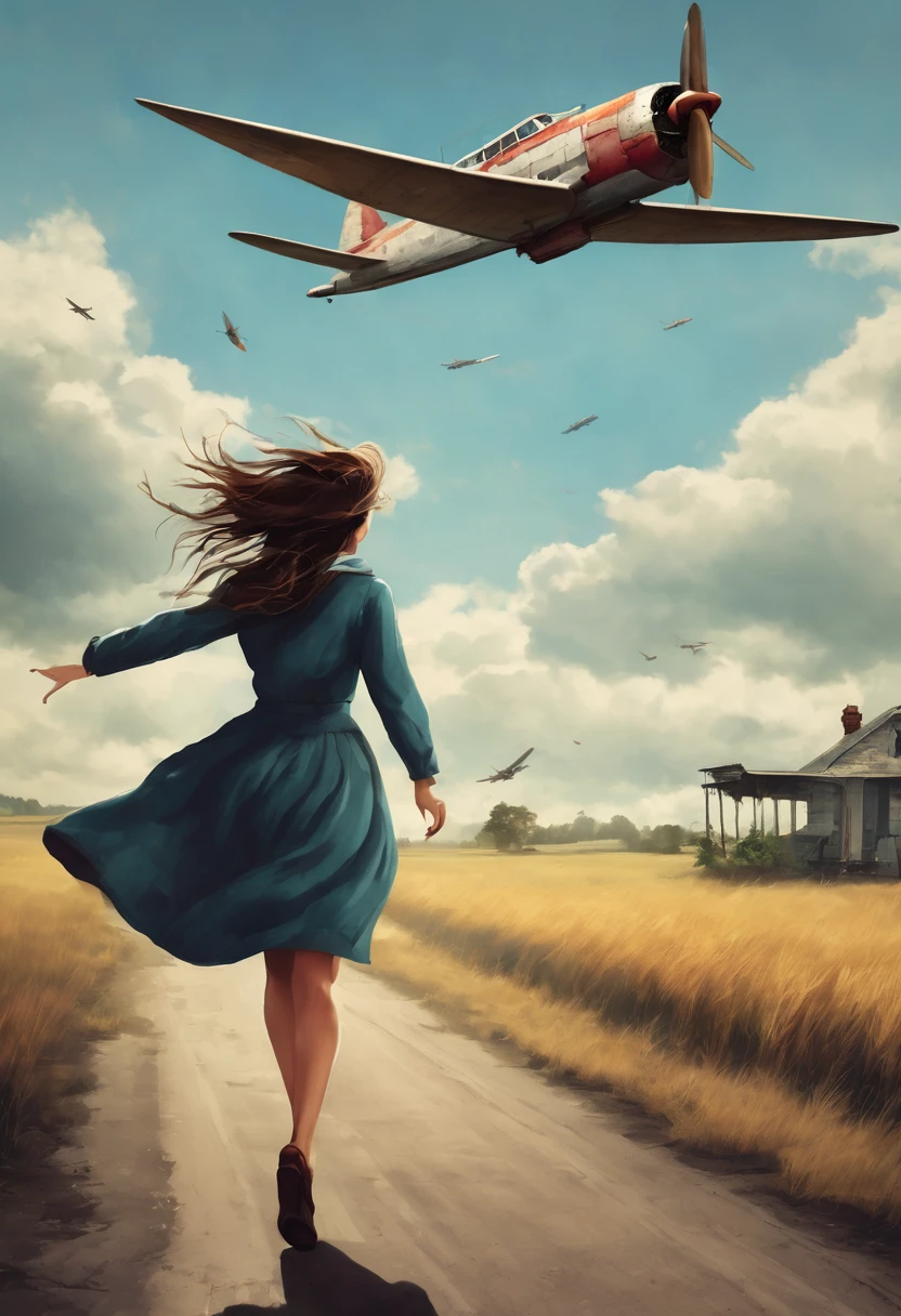 Create an image where a desperate girl is chasing an old plane.