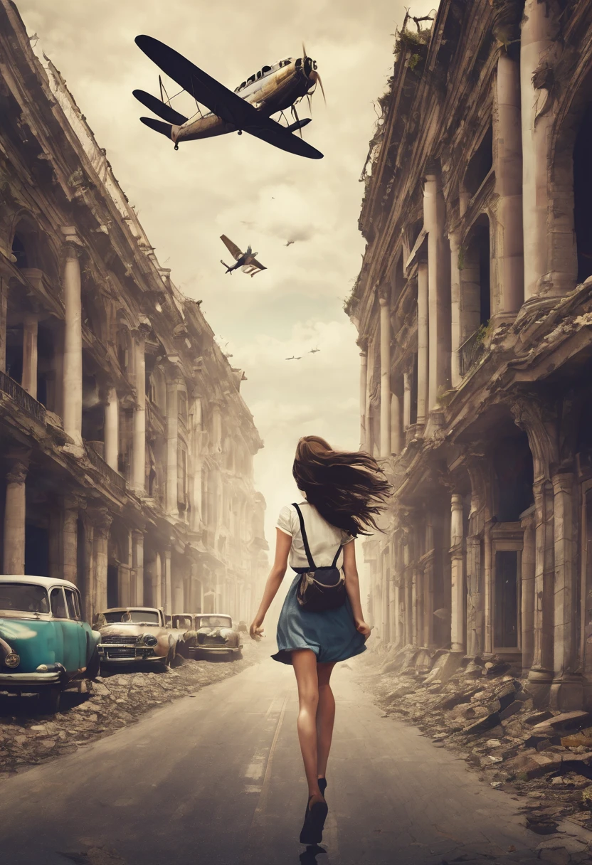 Create an image where a desperate girl is chasing an old plane.