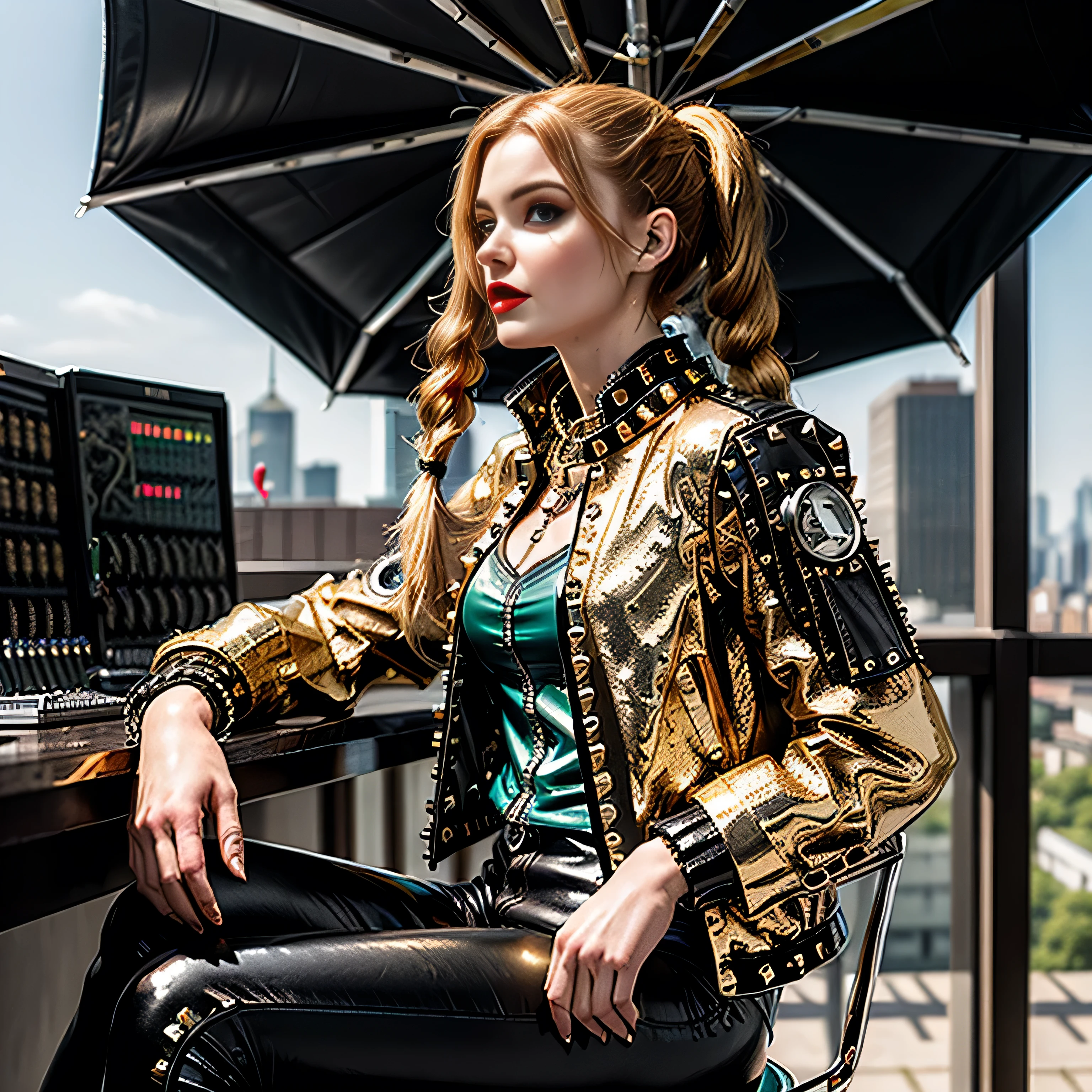 ((masterpiece, photorealistic:1.4, extremely intricate:1.3, photon mapping, radiosity, physically based rendering, ultra resolution, hyper-realistic, photorealistic:1.4, hyper-realistic, 8K)), ((((athletic female, long pigtails [blonde hair:bright ginger hair:0.4], (([flat chest:medium breasts:0.8], upper body)), ((makeup:1.6, perfectchainmail, gold black jacket), black leather pants, (chrome rivets), red lips, bright sunlight, red silk shirt, [front view:side view:0.2]))))), outdoors, metal reflections, professional photograph, soft focus, dramatic, award winning, cinematic lighting, volumetrics dtx, (film grain, blurry background, blurry foreground, bokeh, depth of field), BREAK; BREAK, (((steampunk mecha ((machine steampunk control center, canopy)), looking down on city skyline, sitting in a black leather chair, dials, switches)))
