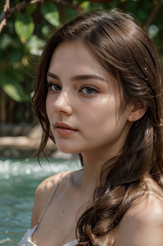 The woman was fragile, with long, silky hair that fell in waves around her shoulders. Her eyes, large and piercing, were the color of a clear sky, emphasizing her vulnerability and inner strength at the same time. Her graceful face profile with clear lines, delicate features and soft smile gave her an impressive grace. Her skin was as soft as pearl, with a slight blush on her cheeks. Her every movement was smooth and graceful, creating a sense of ethereal lightness.The neckline. perfect detail, HD, 8K quality. Masterpiece, close up, realistic photo, complex details, sexy photo.