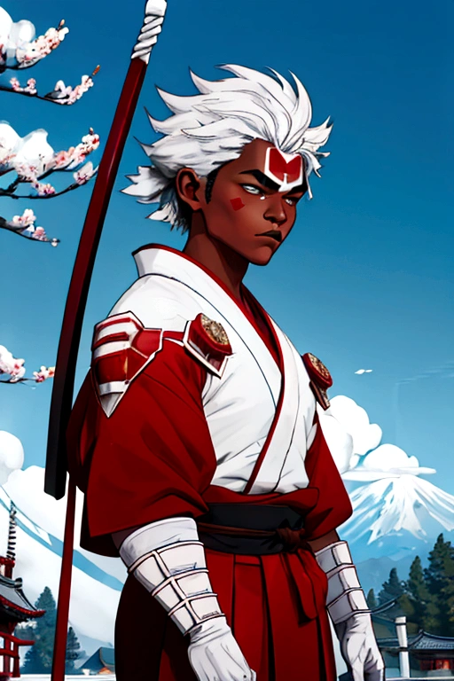 male character,White skin,((red front)),Samurai warrior,detailed shadows on the body,holding a flag of black and white lines,background of a relief of a Japanese mountain,blue sky,yellow sun,ground full of vegetation