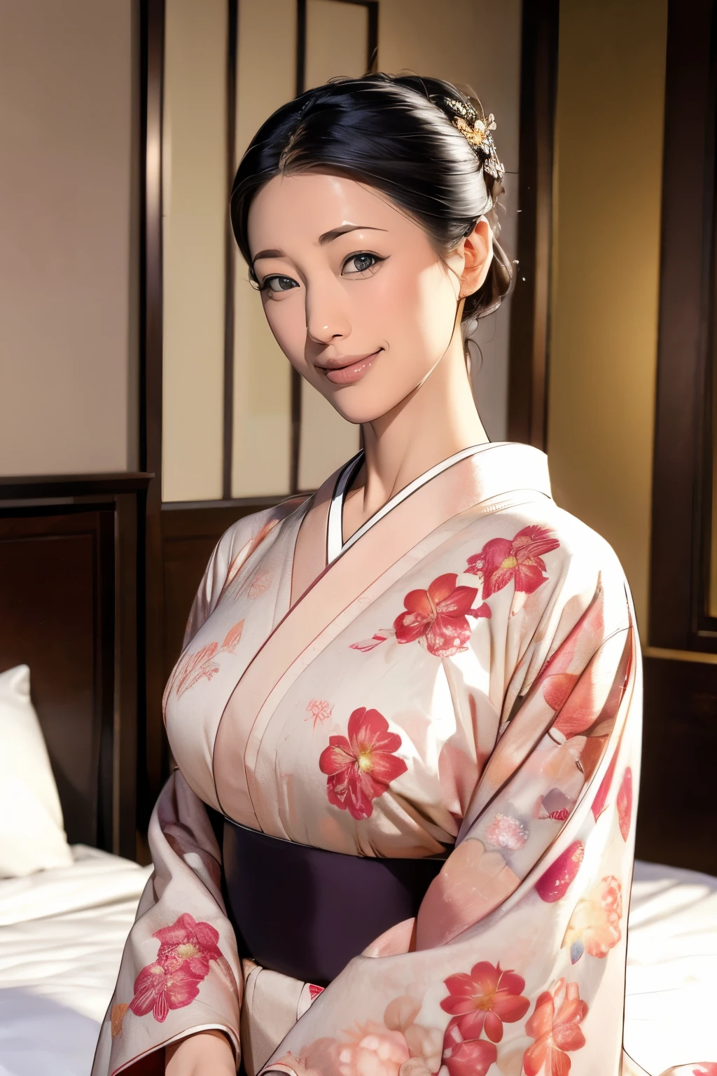 (Highest quality、Tabletop、Best image quality、Award-winning works)、 The proprietress of a beautiful inn、(A beautiful kimono with an elegant and gorgeous floral pattern:1.3)、Perfect female portrait photography、Glowing Skin、Standing Elegantly、(Blurred background of elegant bedroom in luxury hotel:1.3)、(The most elegant bedroom:1.1)、(The most romantic and moody warm lighting:1.1)、(Tyndall effect:1.2)、Great cinema lighting、Glowing Skin、smile、(Large Breasts:1.1)、(Voluptuous body:1.1)、Accentuate your body lines、Upper body photo、Chignon、smile
