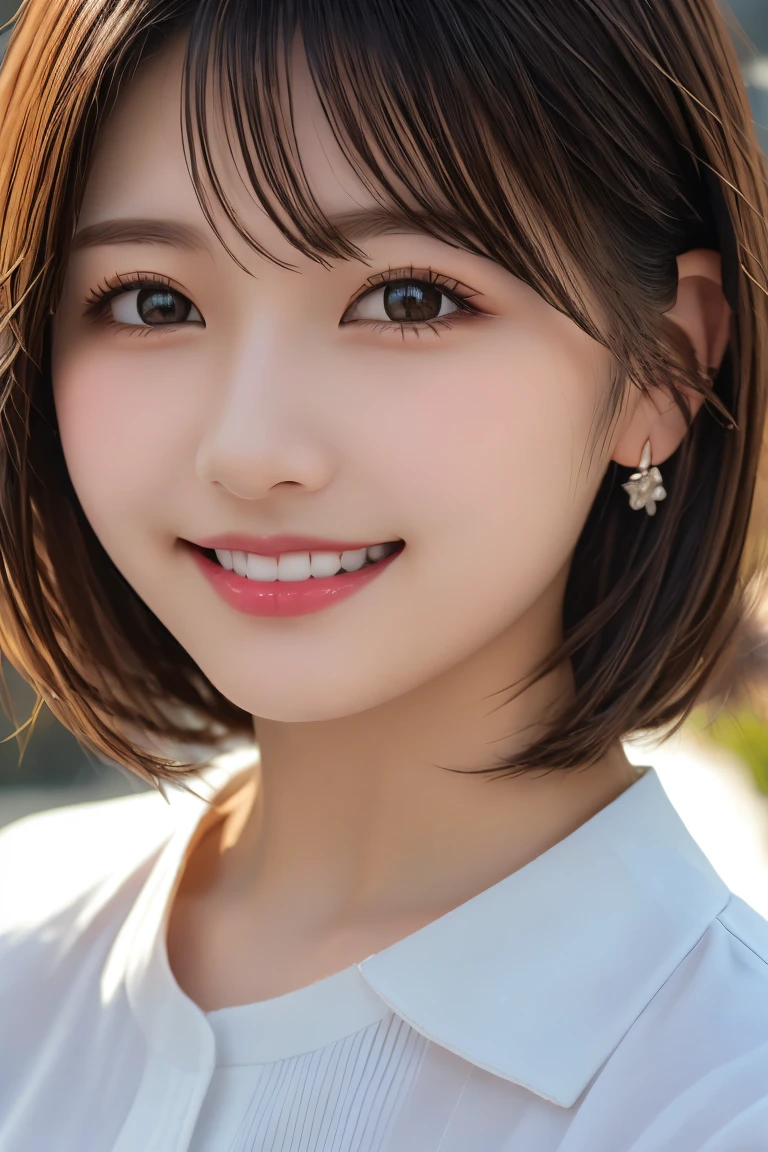 Highest quality, (beautiful)、Brown Hair、White short-sleeved business shirt、School Ribbon、Close-up、smile、looking at the camera、Big 