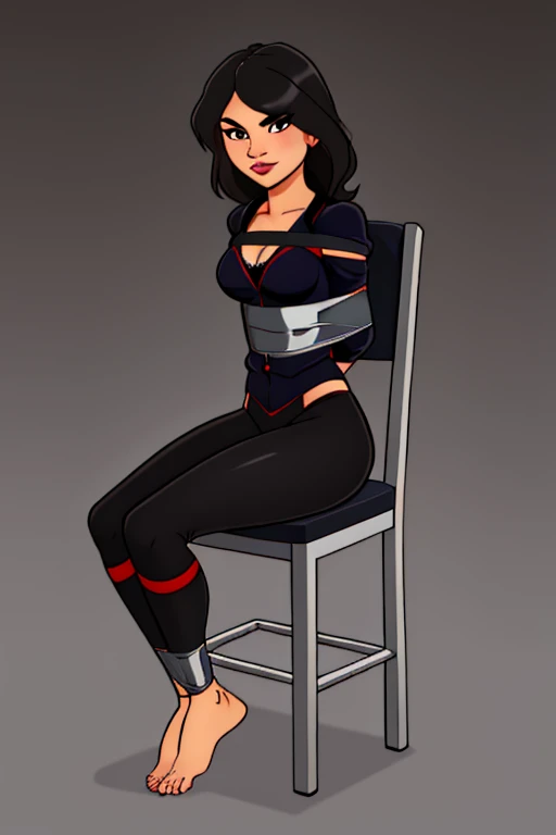 Flat color, solo, full body, A Sexy 18 year old . Leggings, (([perfect body])), perfect face, beautiful, masterpiece,  highly detailed, barefoot,sit tied to a chair,
 solo, looking at viewer, very sexy seductive,
([Vanessa( :0)Hudgens|avi love|Emma( :0)Watson]:0.85), hands behind back,
((([Dark grey background])))
BREAK
score_9, score_8_up, score_7_up, score_6_up  
xvision style,