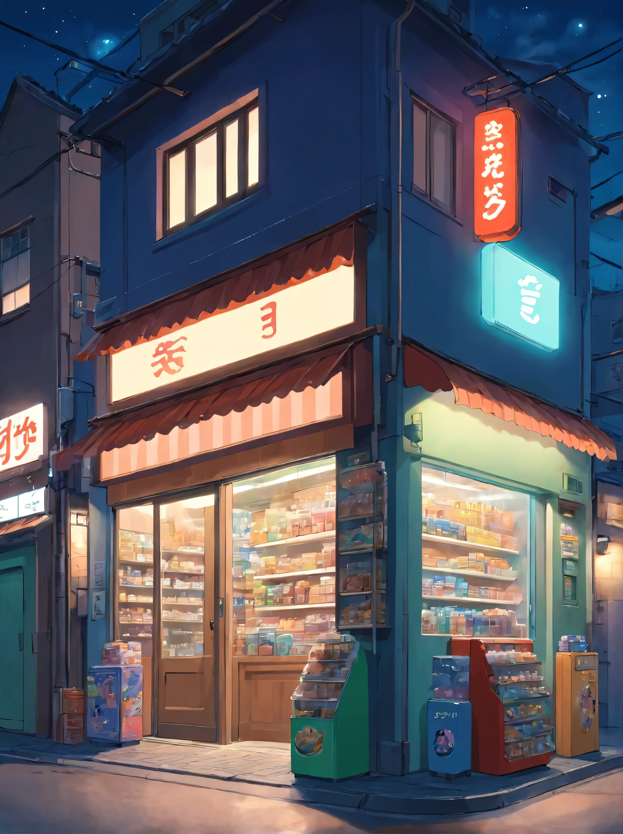 midnight convenience store, best quality, masterpiece, very aesthetic, perfect composition, intricate details, ultra-detailed, by Piotr Jaboński