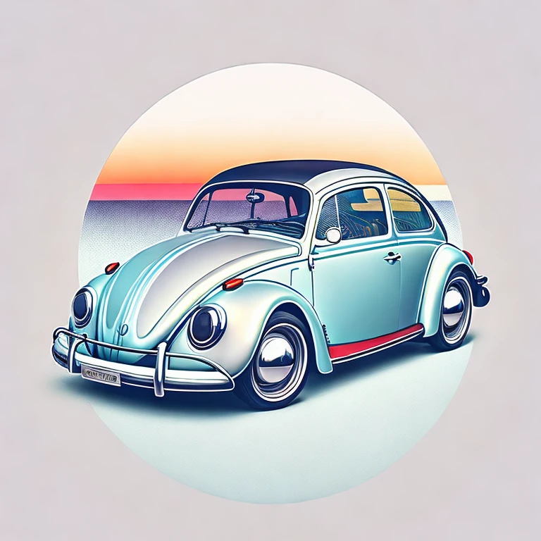 T-shirt graphic design art, a modern graphic design, VW Beetle, two miami, soft four-color color, vintage gray tone, highly detailed cleanliness, vector image, masterpiece realistic, professional photograpy, realistic car, simple car sunrise background, flat transparent background, isometric, vibrant vector