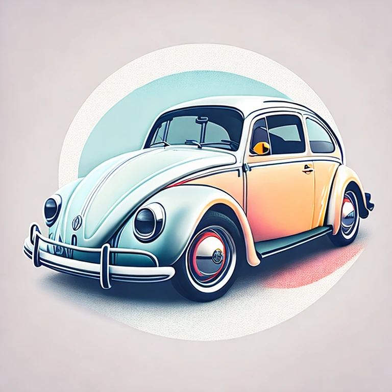 T-shirt graphic design art, a modern graphic design, VW Beetle, two miami, soft four-color color, vintage gray tone, highly detailed cleanliness, vector image, masterpiece realistic, professional photograpy, realistic car, simple car sunrise background, flat transparent background, isometric, vibrant vector