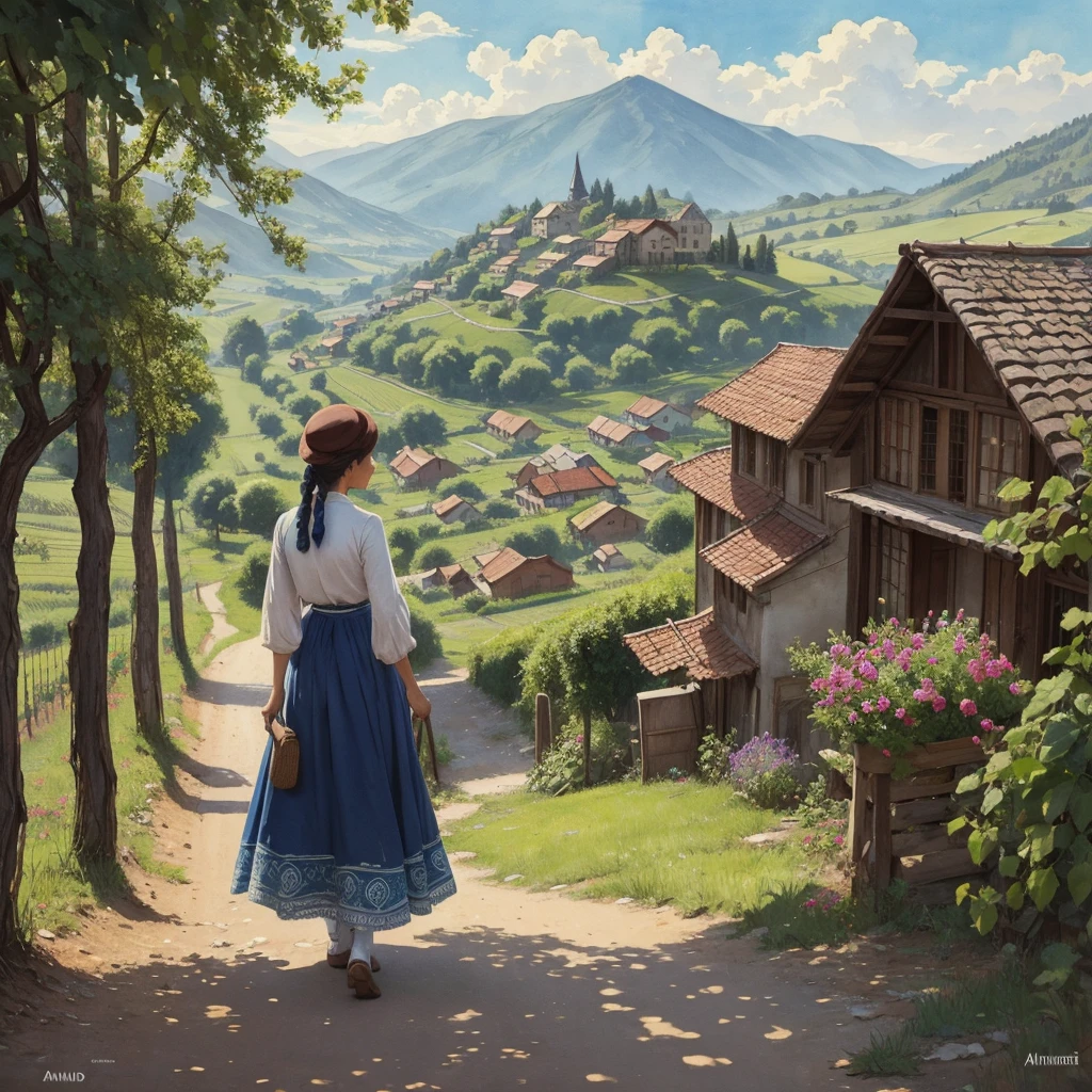 watercolor drawing in Retro-Look, a transilvanian village in the valley, full body view, rural saxones man and woman work in Vineyard on hill, Andrew Loomis style, Masterpiece work of art, highly detailed linework reminiscent of Carne Griffiths, imbued with Wadim Kashim's bold color and texture, light and airy as Carl Larsson's compositions, featuring Pascal Blanche-style hyper-realistic characte