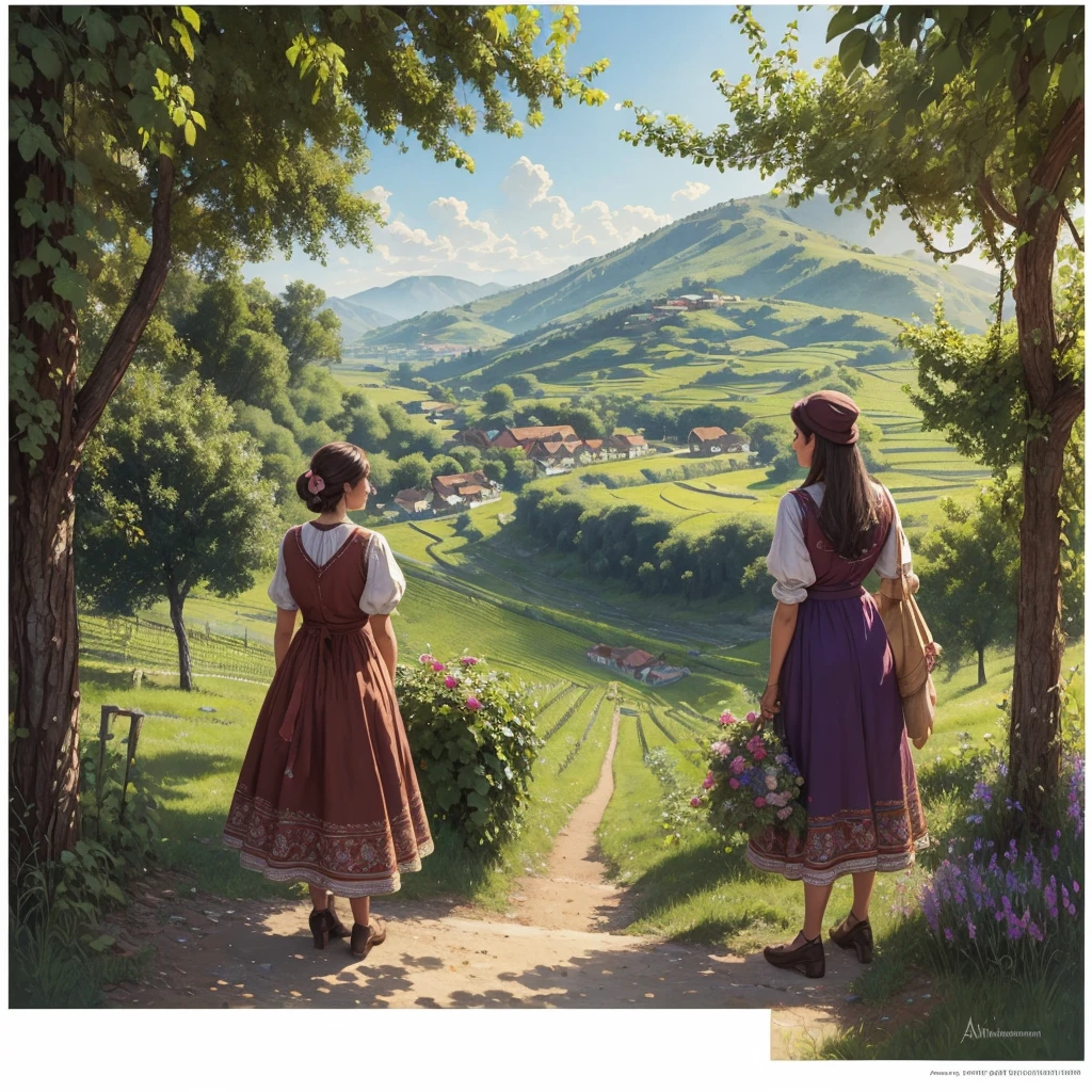 watercolor drawing in Retro-Look, a transilvanian village in the valley, full body view, rural saxones man and woman work in Vineyard on hill, Andrew Loomis style, Masterpiece work of art,  highly detailed linework reminiscent of Carne Griffiths, imbued with Wadim Kashim's bold color and texture, light and airy as Carl Larsson's compositions, featuring Pascal Blanche-style hyper-realistic characte