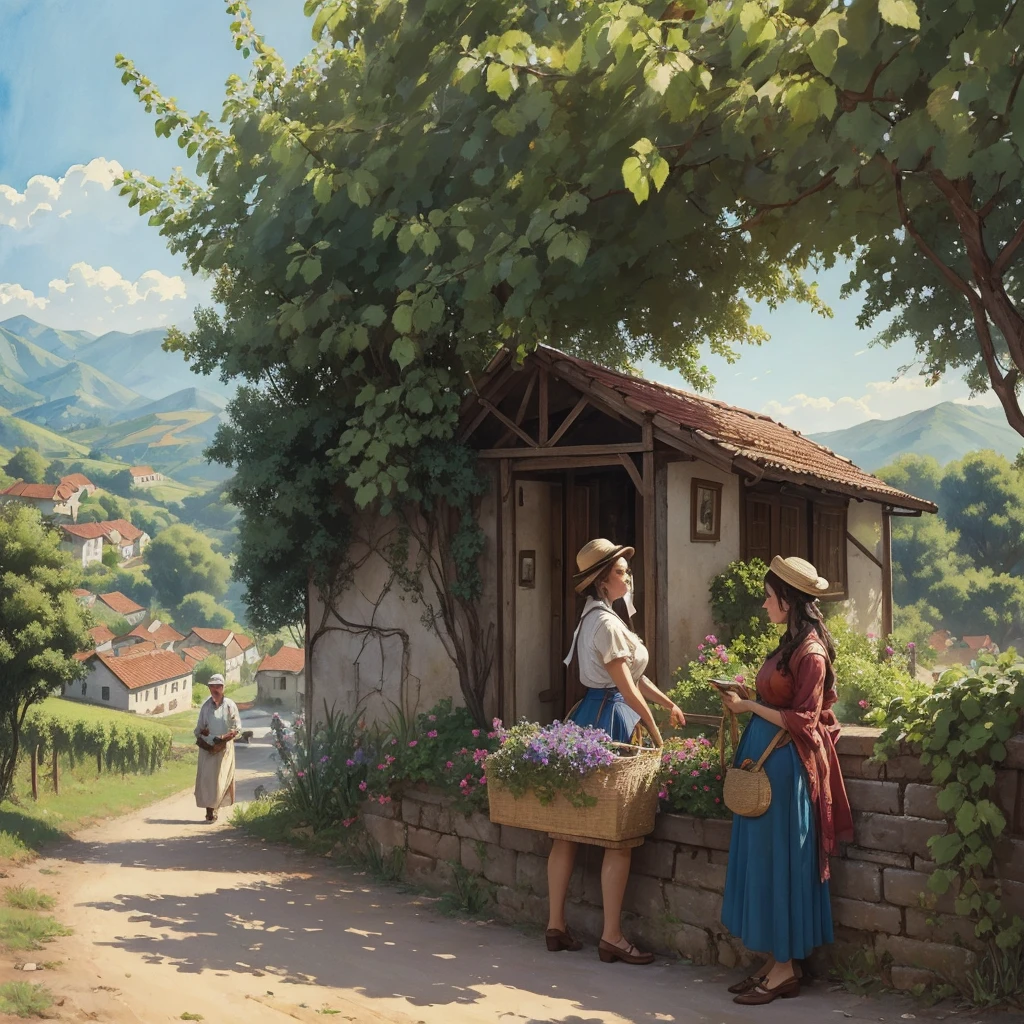 watercolor drawing in Retro-Look, a transilvanian village in the valley, full body view, rural saxones man and woman work in Vineyard on hill, Andrew Loomis style, Masterpiece work of art,  highly detailed linework reminiscent of Carne Griffiths, imbued with Wadim Kashim's bold color and texture, light and airy as Carl Larsson's compositions, featuring Pascal Blanche-style hyper-realistic characte