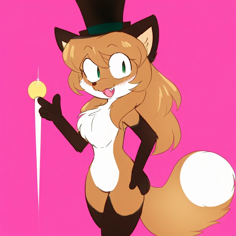 Nervous smiling, uploaded the e621, simple background, beautiful and detailed, woman (((female))) ((anthro)) Fox, (Averi, Fox girl), cinematic lighting, Fox, (anthro, fluffy fur, character focus:1.1), 1girl, anthro fox girl, body fur, curvy, sexy, nice, cute, hot, sassy, sassy hips, playful expression, fangs, smiling, comfortable anime-style cartoon-style, digital drawing, half-closed eyes, green eyes, SFW, flat chest, magician's hat, top hat, wearing top hat, wearing a hat, magic wand, waving magic wand, magic effect