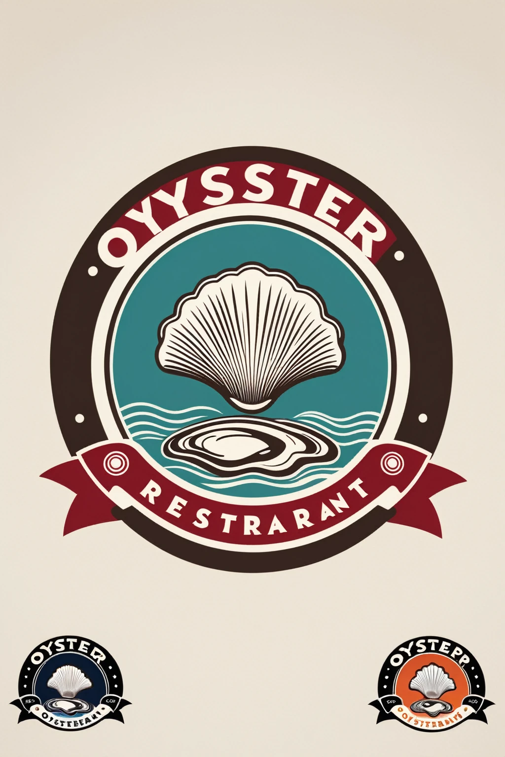 oyster restaurant logo, the logo represents a retro style oyster, simple logo with 3 color palette , nice color combination, the logo is classic simple and chic, the logo can be easily printed on caps or polo shirts. the logo inspires confidence and makes you want to taste oysters,