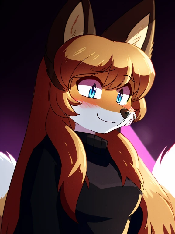 solo woman, kitsune woman, beautiful and cute eyes, (blue eyes), fox ears (red fox ears), long hair, (red hair), fox tails, twintails, (red fox tails),fluffy tails, (dark red fur), shy face, light smile, (purple and black dress), (purple torn short cloak embroidered in gold light:1.2) , absurdres, extreme detail, blushing, (shaded), (detailed lighting), (cinematic lighting), ( RAW photo, high resolution, high details, best quality), high definition, (high sharpness:1.3), sidelocks, hair between eyes,