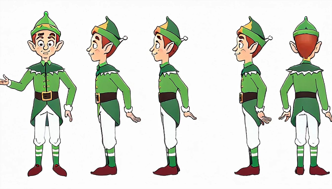 1 male Christmas elf,T-Pose Front view,frond an side, multiple views, front and side beautiful, masterpiece, best quality, perfect lighting,8k,simple white background ,SFW.