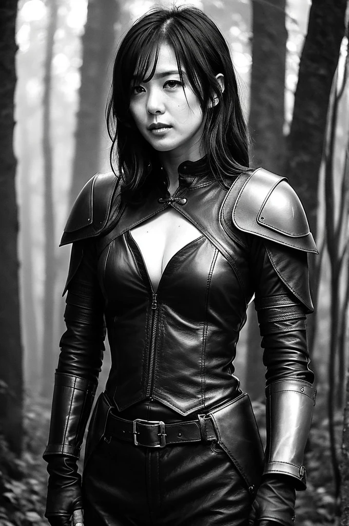 The woman is wearing leather boots and leather gear. , One girl, alone, armor, chest, arms、in a foggy forest、Dark Sky、Cute face、perfection、Low contrast、darkness、chestの谷間、Abdominal muscles、assassin、Morning haze