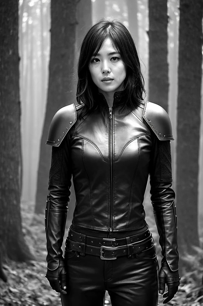 The woman is wearing leather boots and leather gear. , One girl, alone, armor, chest, arms、in a foggy forest、Dark Sky、Cute face、perfection、Low contrast、darkness、chestの谷間、Abdominal muscles、assassin、Morning haze