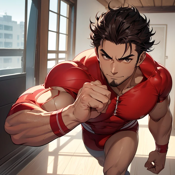 (absurdres, best high quality image, carefuly detailed features and textures, very detailed image, solo character alone, full front view): {{(1character: 36 years old human male samurai), ((fair skin), (asian shaped brown eyes), (brown short spiky hair), (brown thick eyebrows), (handsome features, manly atractive, manly sexy features), (manly voluptuous body, good shaped muscles, muscular arms, muscular legs,)), (red surfist swimsuit) (walking around, relaxed smile), (red-white cleaned modern double bedroom)}}