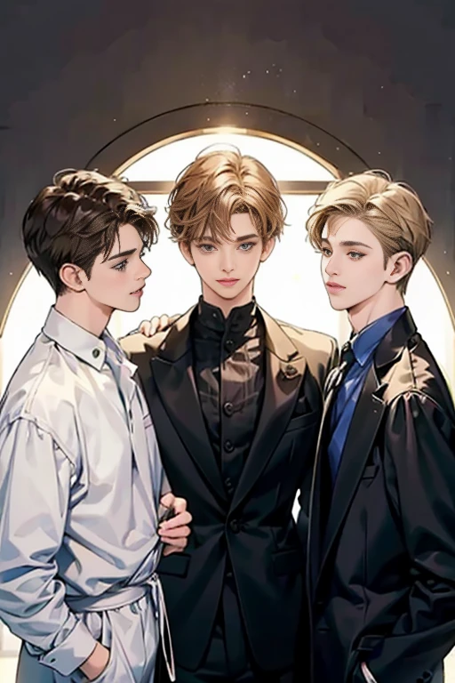 Friends, 3 boys, 1 girl, brothers, different hair color, short dark hair and brown eyes, short blonde hair and green eyes, short brown hair and brown eyes, side by side, suit, smile, white clothe, 25 years old