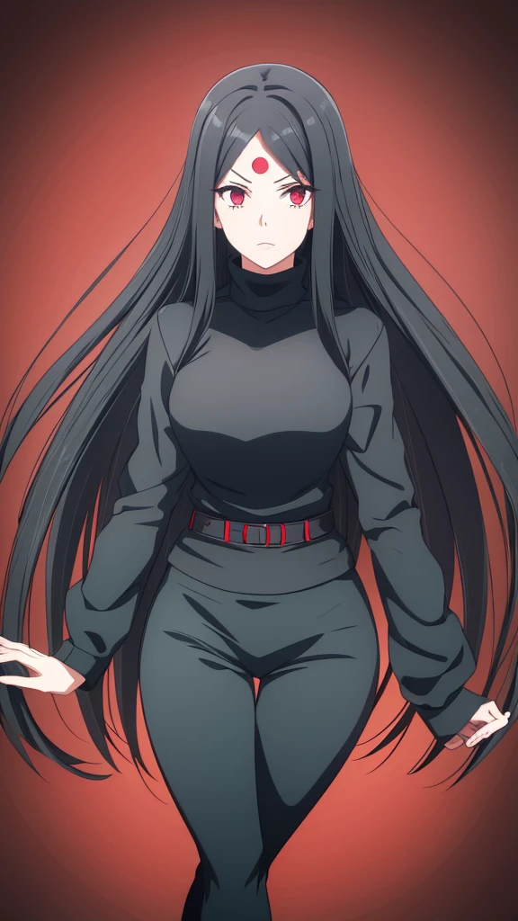 Girl, Long black hair, Sharingan eyes, black turtleneck outfit 