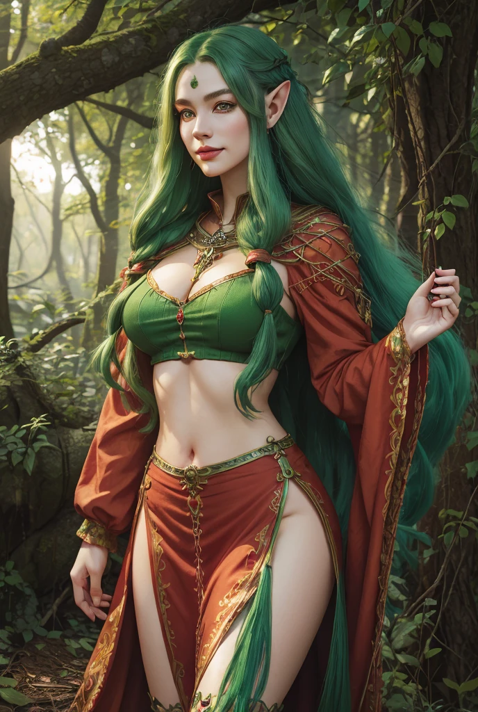 Elf, elf ears, 20s, red hair, ponytail, medieval outfit showing pelvis and belly, sunny forest