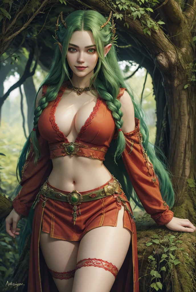 masterpiece, fulllength, perfect body, perfect face, green hair, red clothing, long braided hair, fantasy character, druid, wood elf, perfect breasts, thighs, midriff, green eyes, magical, smiling, magical,